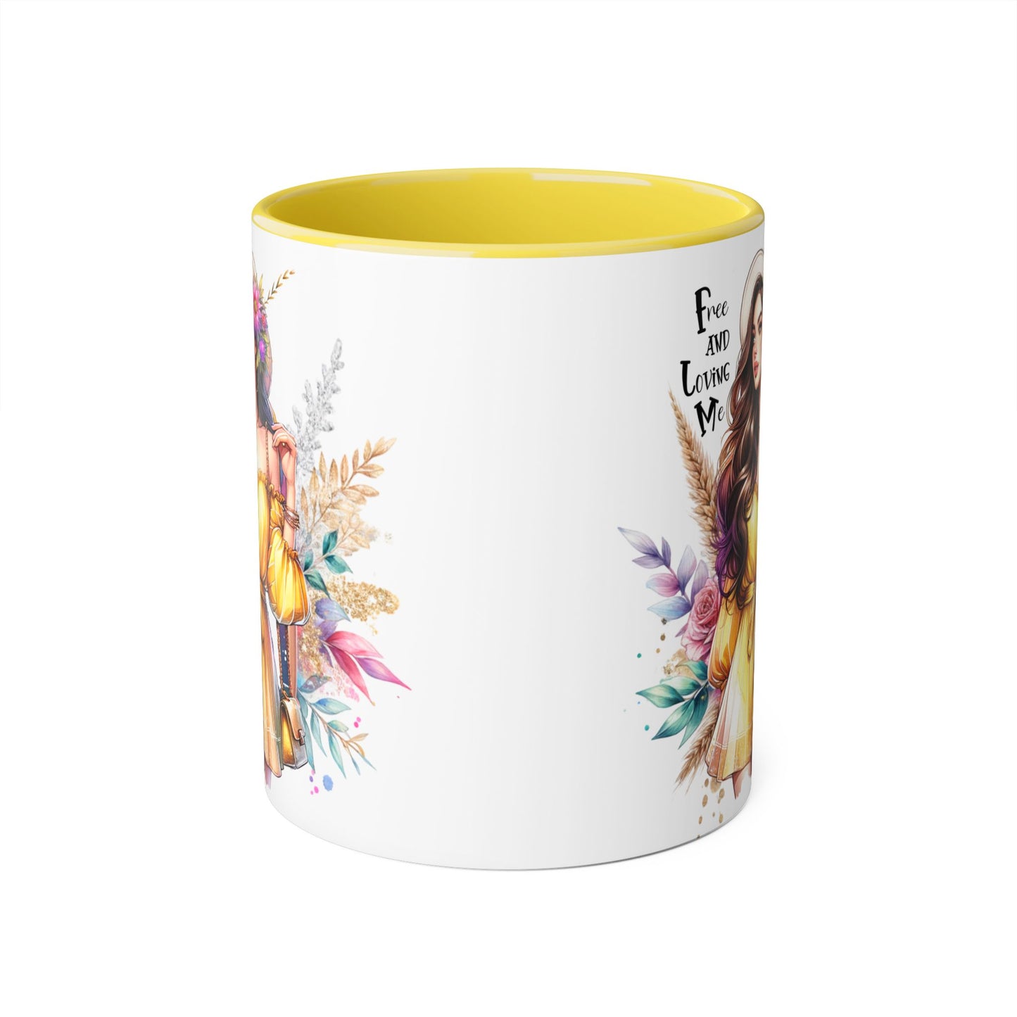 Free and Loving Me Bold Boho Accent Mug, Artistic Coffee Cup, Unique Gift for Women, Inspirational Kitchenware, Floral Design, Birthday Mug