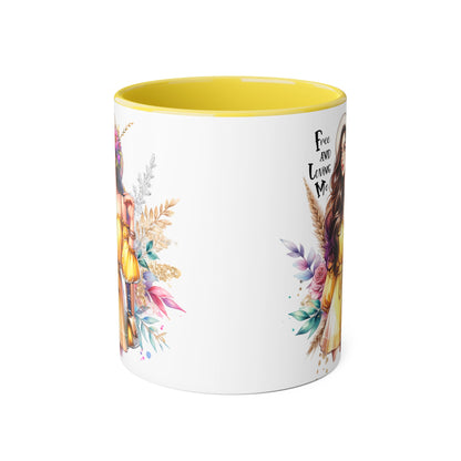 Free and Loving Me Bold Boho Accent Mug, Artistic Coffee Cup, Unique Gift for Women, Inspirational Kitchenware, Floral Design, Birthday Mug