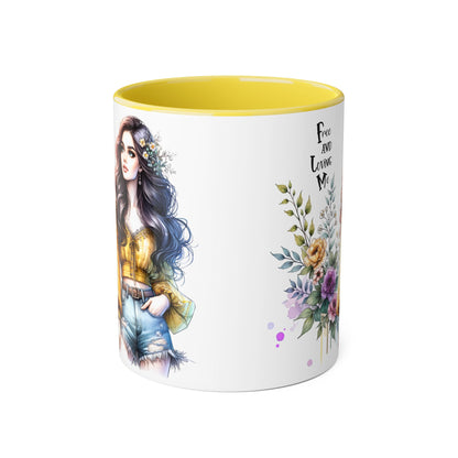 Bohemian Floral Accent Mug, Free and Loving Me Coffee Cup, Gift for Her, Unique Art Mug, Morning Beverage Lover's Gift