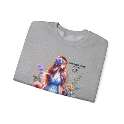 I'm Too Cute For My Ex Floral Illustration Sweatshirt, Cozy Unisex Crewneck, Perfect for Gifts, Casual Wear, Vibrant Art Pullover, Everyday Comfort