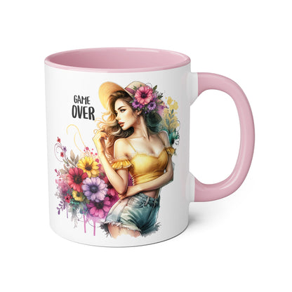 Game Over Floral Accent Mug, Gift for Gamers, Coffee Tea Cup, Home Decor, Birthday, Celebration, Unique Mug