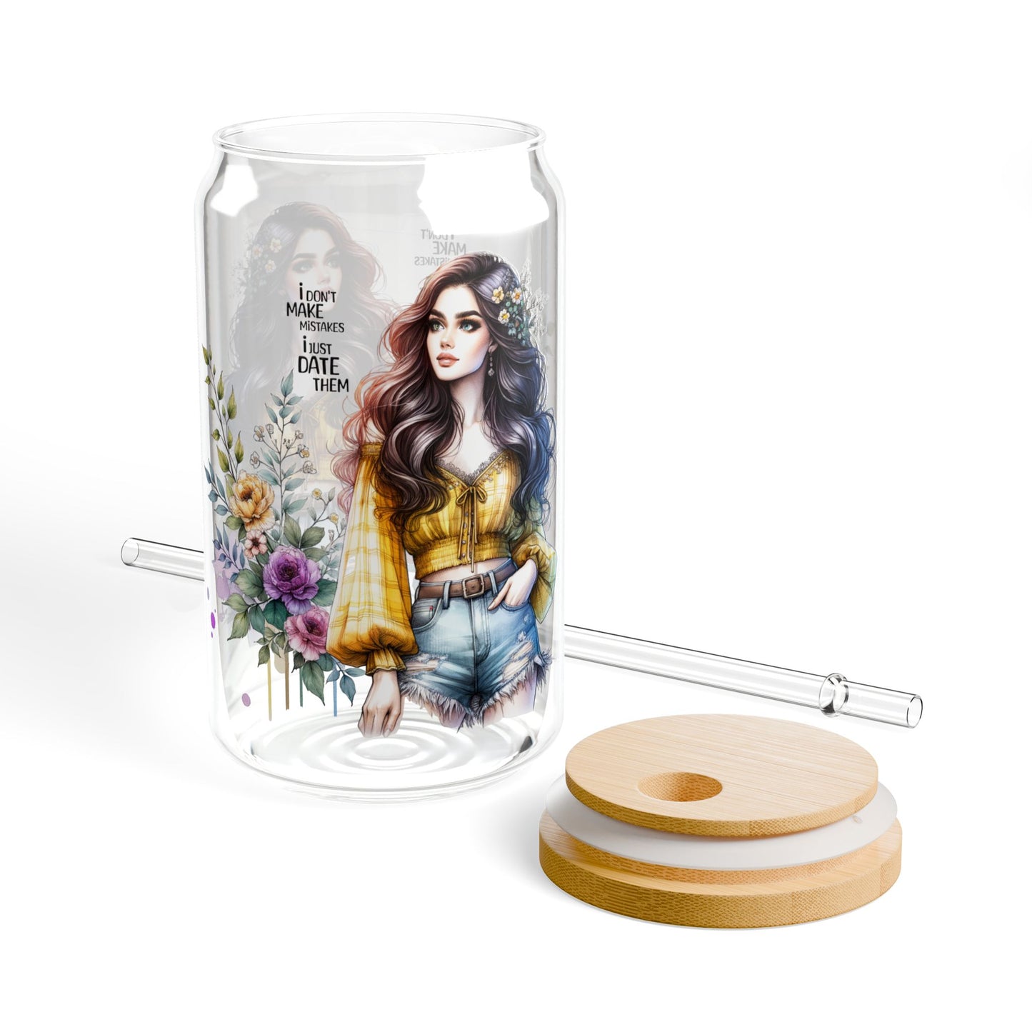 I Don't Make Mistakes, I Date Them Boho Floral Sipper Glass, 16oz Water Bottle, Eco-Friendly Drinkware, Farmhouse Decor, Reusable Cup, Perfect Gift for Her, Summer Sips