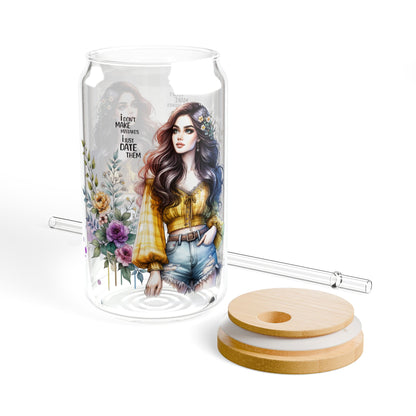 I Don't Make Mistakes, I Date Them Boho Floral Sipper Glass, 16oz Water Bottle, Eco-Friendly Drinkware, Farmhouse Decor, Reusable Cup, Perfect Gift for Her, Summer Sips