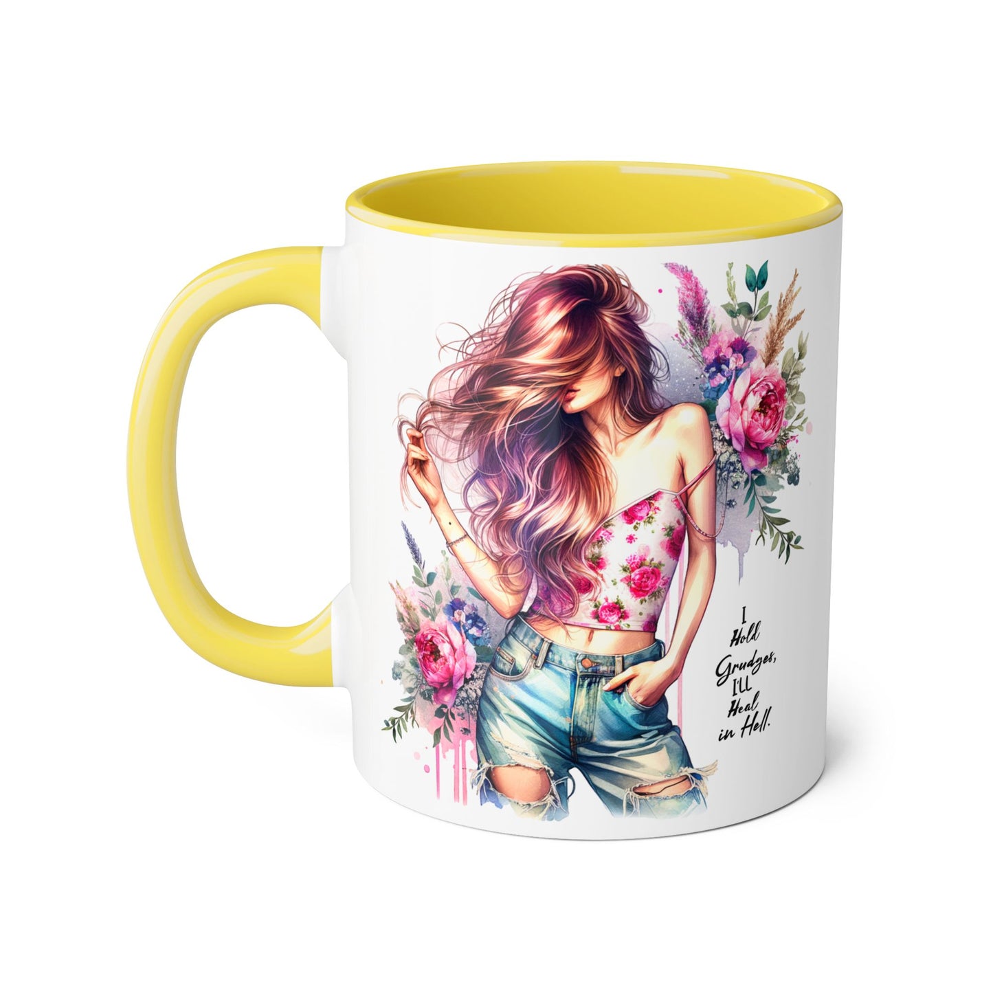 I Hold Grudges, I'll Heal in Hell  Humoristic Bohemian Floral Accent Mug - Drinkware for Tea Lovers, Coffee Enthusiasts, Gift for Friends, Home Decor, Artful Mugs