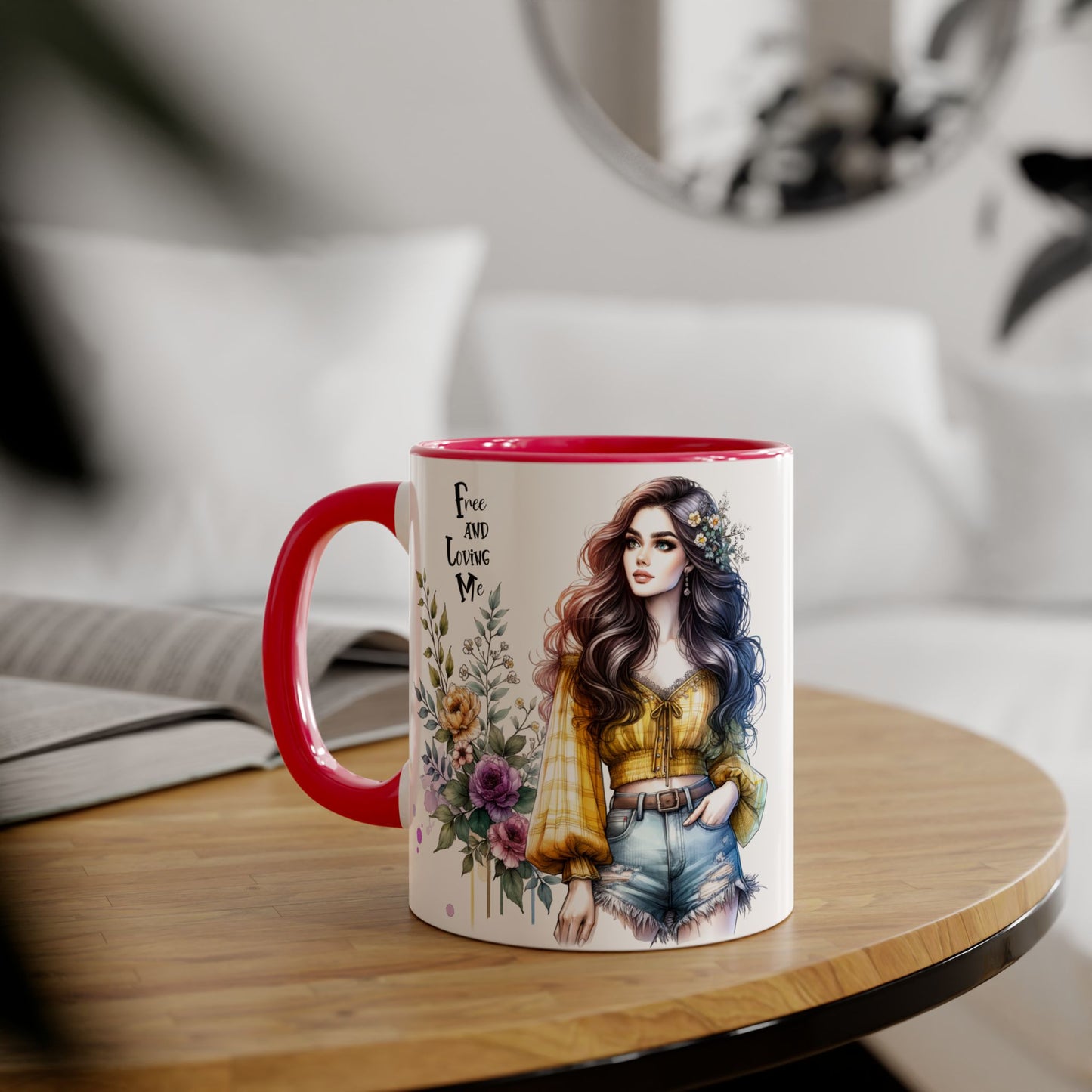 Bohemian Floral Accent Mug, Free and Loving Me Coffee Cup, Gift for Her, Unique Art Mug, Morning Beverage Lover's Gift