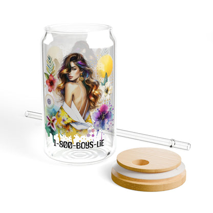 1-800-Boys-Lie Floral Sipper Glass, Vibrant Drinkware for Boss Babes, 16oz Stylish Water Bottle, Gift for Her, Home or Office Decor