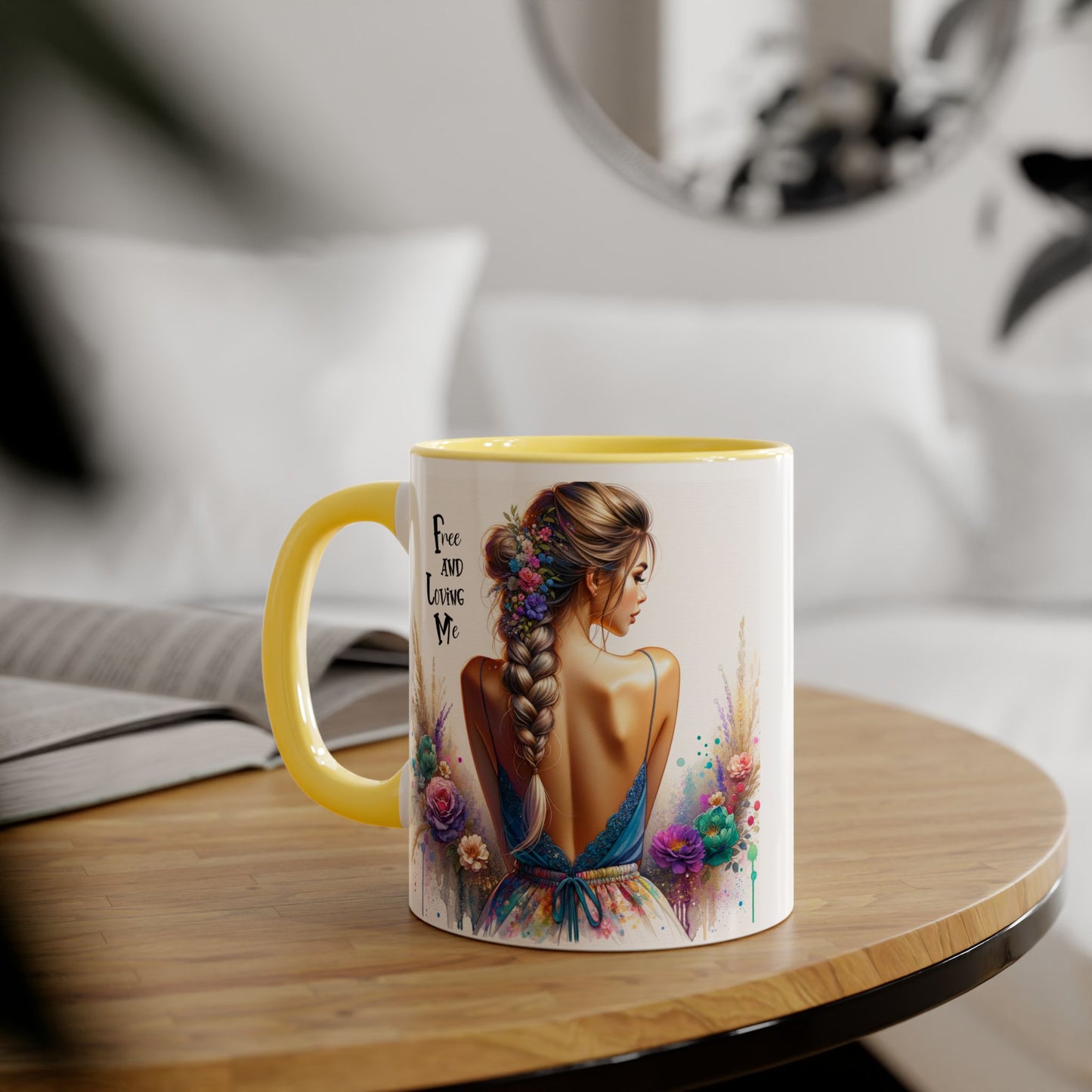 Free and Loving Me Floral Freedom Accent Mug - Inspirational Coffee Cup, Gift for Her, Artist Mug, Tea Lover's Cup, Home Decor