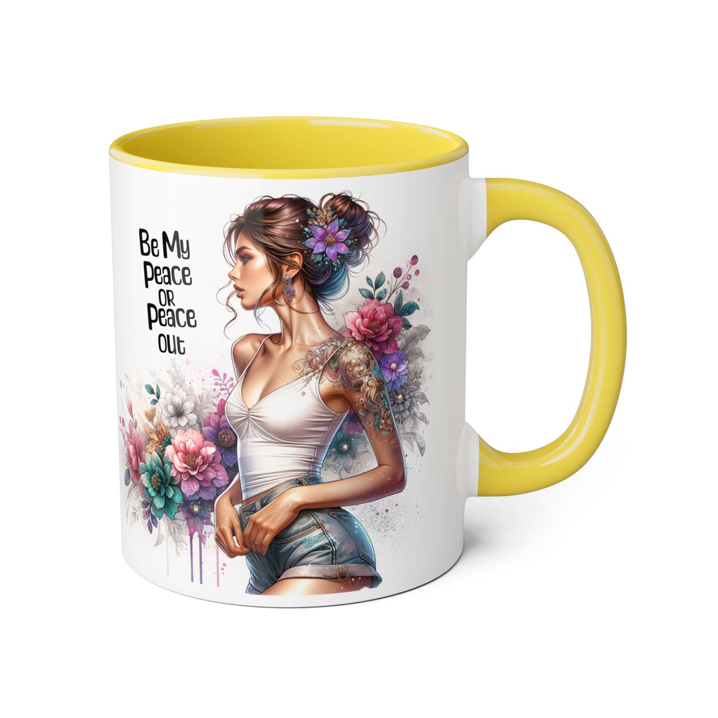 Be My Peace or Peace Out Bohemian Floral Accent Mug - Inspirational Coffee Cup, Gift for Her, Peaceful Vibes, Birthday Present, Home Decor, Artistic Drinkware