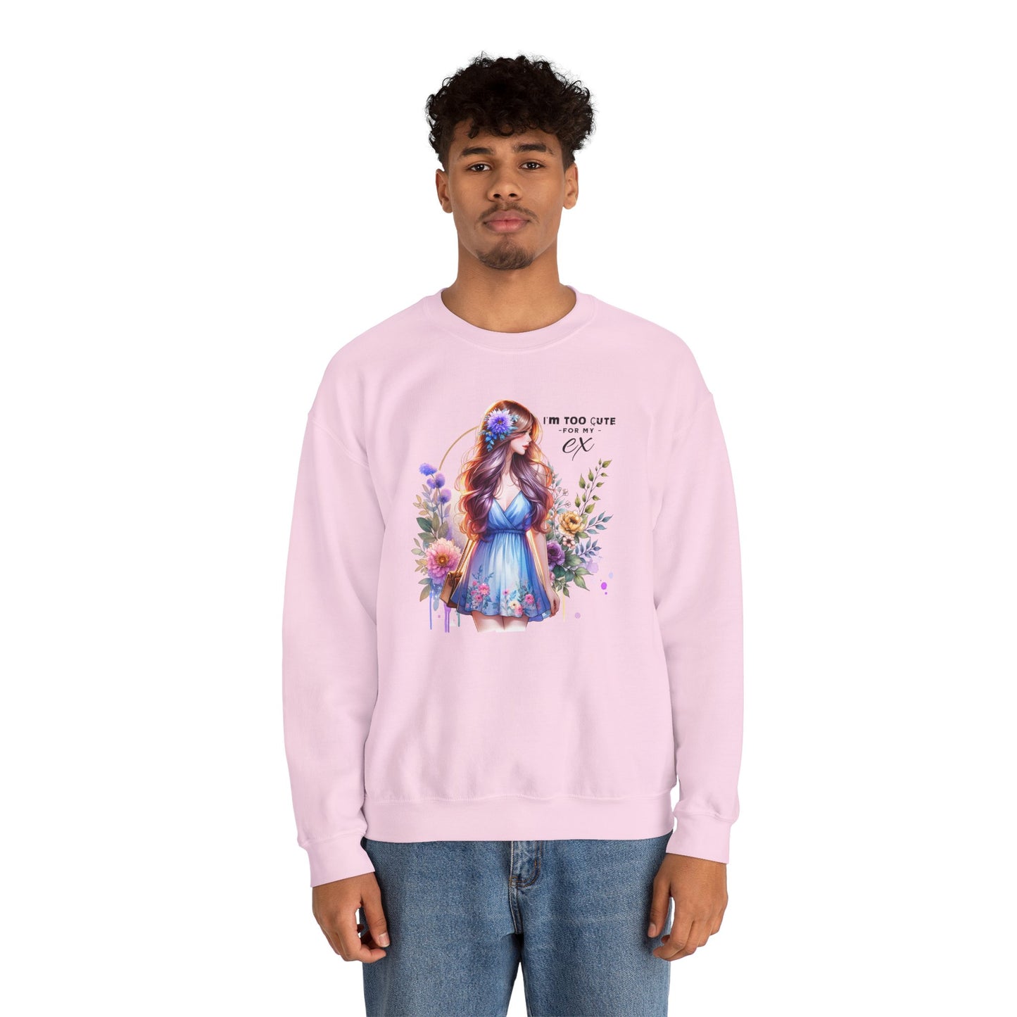 I'm Too Cute For My Ex Floral Illustration Sweatshirt, Cozy Unisex Crewneck, Perfect for Gifts, Casual Wear, Vibrant Art Pullover, Everyday Comfort