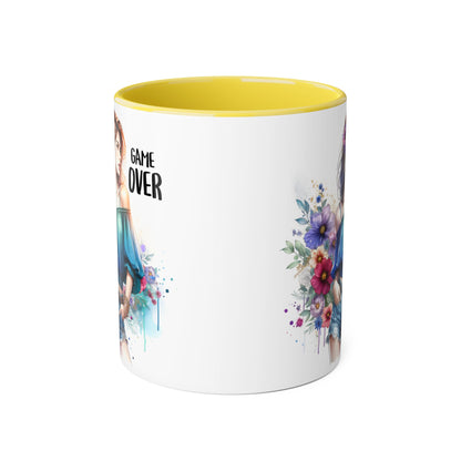 Vibrant Game Over Accent Mug - Floral Design, 11oz Coffee Cup, Unique Gift, for Gamers, Birthday or Everyday Use