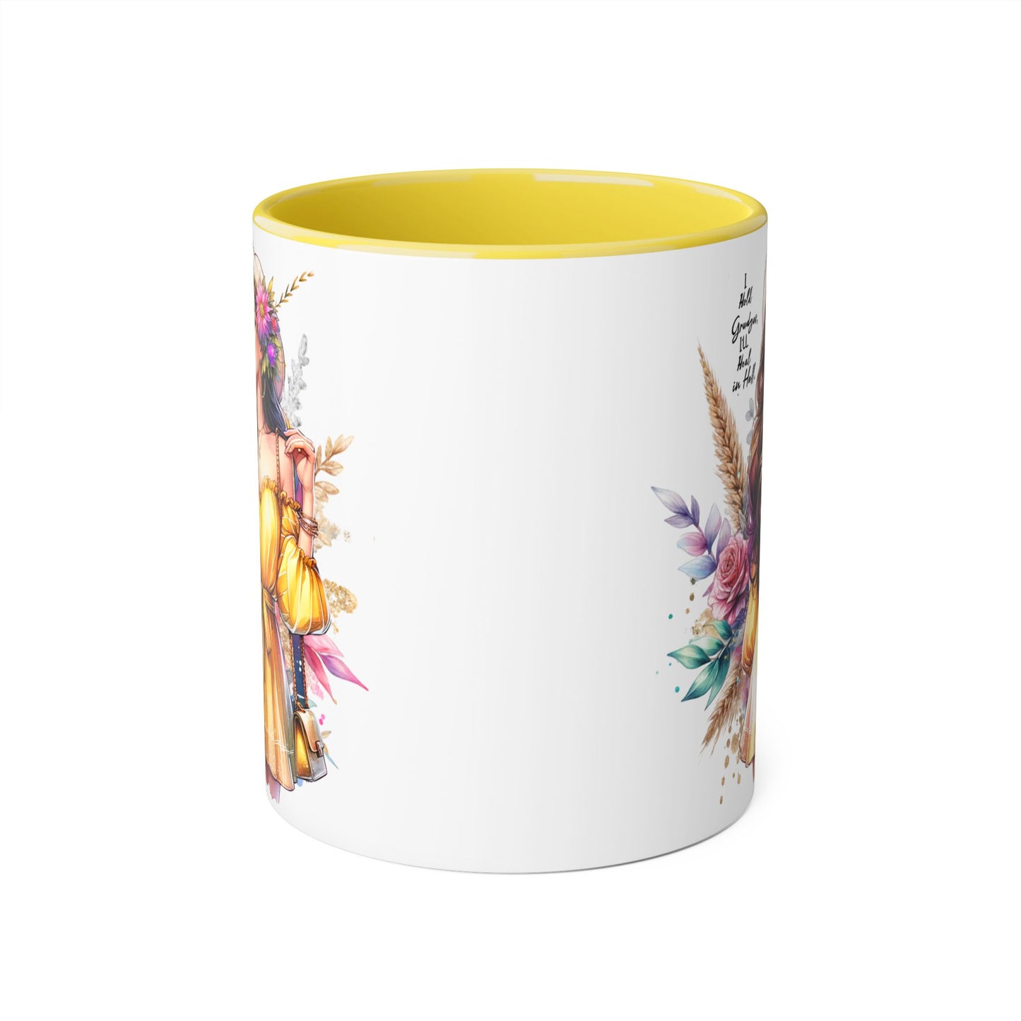 I Hold Grudges, I'll Heal in Hell  Humoristic Bohemian Accent Mug, Colorful Floral Art, Gift for Her, Coffee Lover's Dream, Inspirational Quote