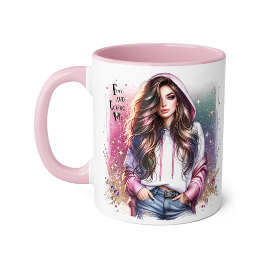 Stylish Accent Mug - 'Free and Loving Me' Coffee Cup, Perfect Gift for Coffee Lovers, Inspirational Drinkware, Cute Morning Mug