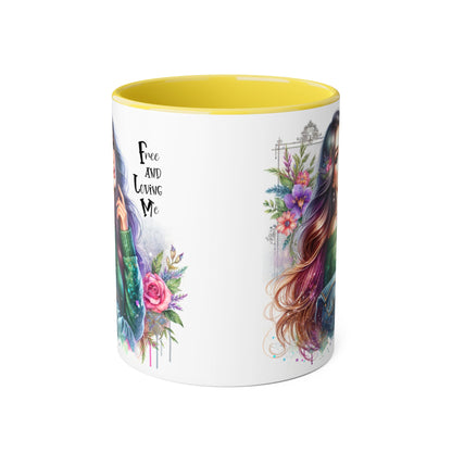 Bohemian Chic Accent Mug, Free and Loving Me 11oz Coffee Cup, Gifts for Her, Artistic Drinkware, Unique Home Decor, Floral Coffee Mug