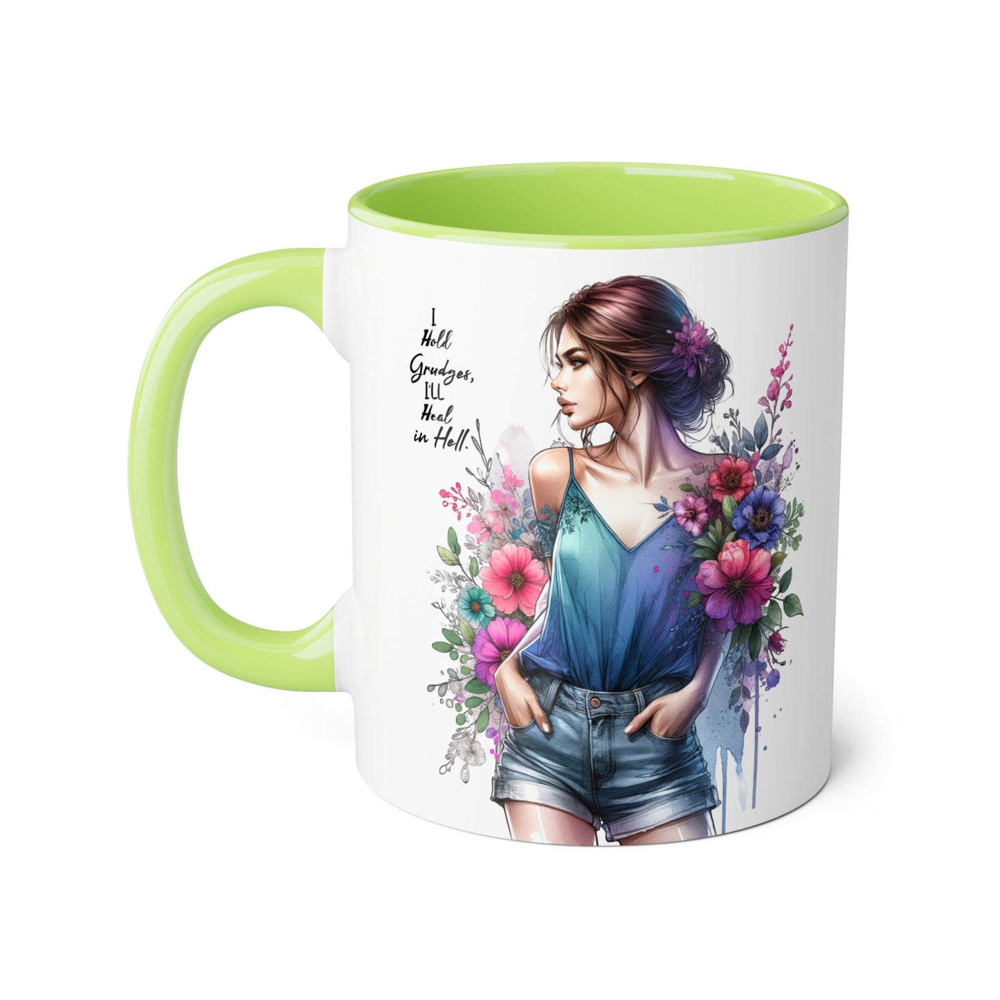 I Hold Grudges, I'll Heal in Hell  Humoristic Floral Accent Mug, 11oz Coffee Cup for Grandma, Gift for Her, Birthday Present, Mother's Day, Home Decor, Floral Design