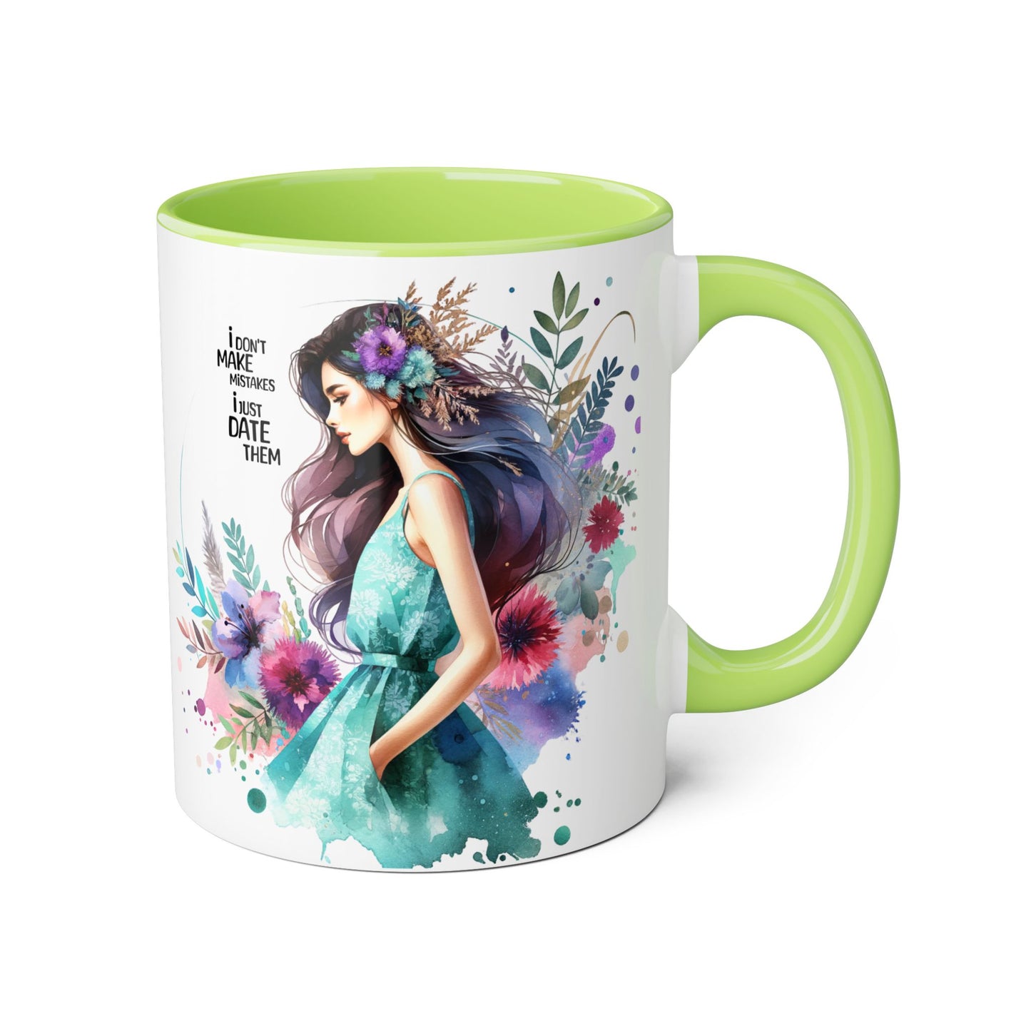 I Don't Make Mistakes, I Date Them Watercolor Floral Accent Mugs, Inspirational Coffee Cup for Nature Lovers, Gift for Her, Self-Care, Boho Style
