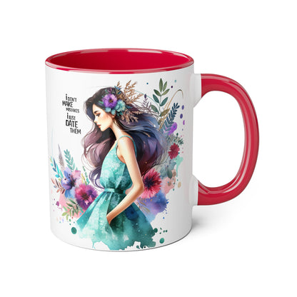 I Don't Make Mistakes, I Date Them Watercolor Floral Accent Mugs, Inspirational Coffee Cup for Nature Lovers, Gift for Her, Self-Care, Boho Style