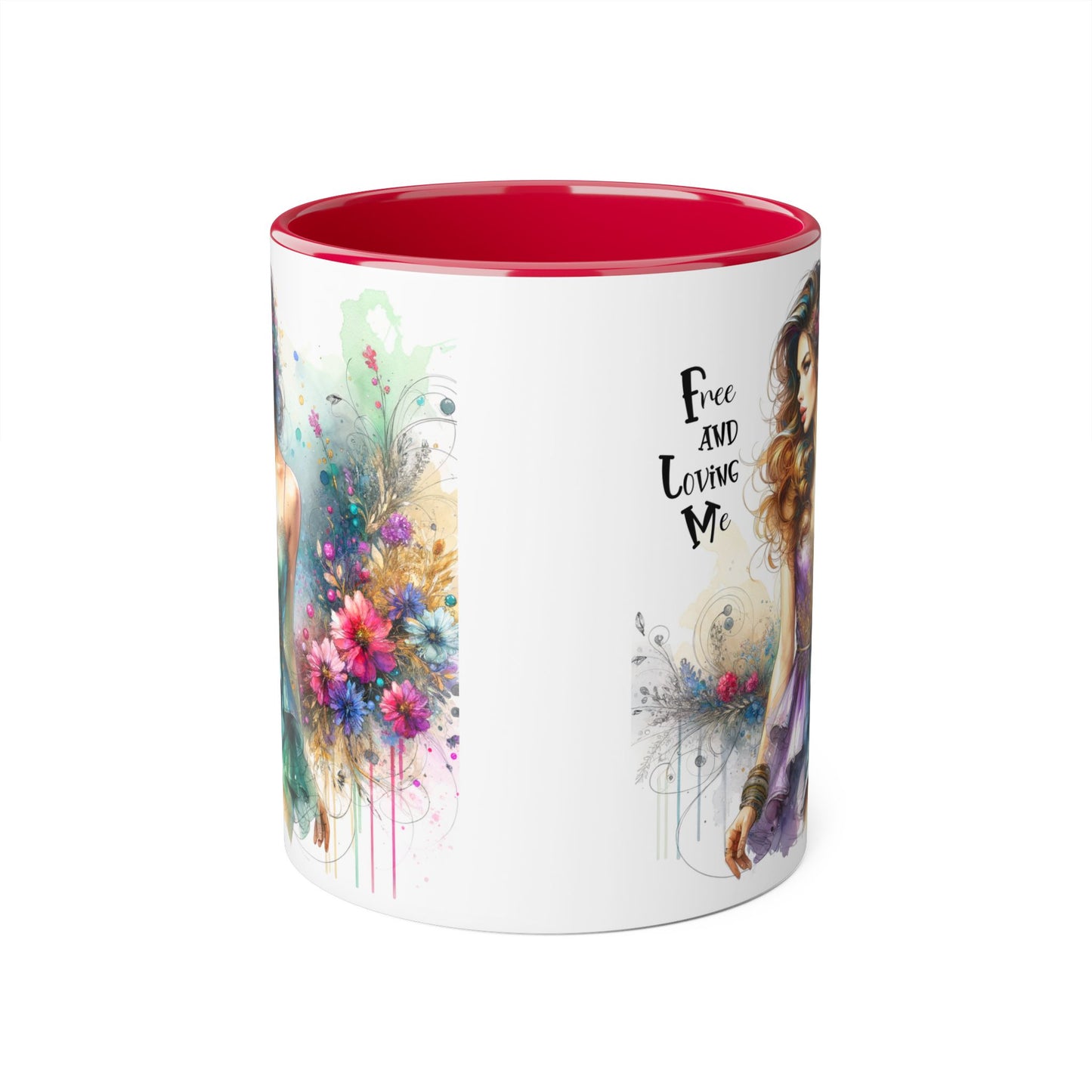 Artistic Floral Accent Mug - "Free and Loving Me" - Inspirational Coffee Cup, Gift for Her, Unique Home Decor, Special Occasion