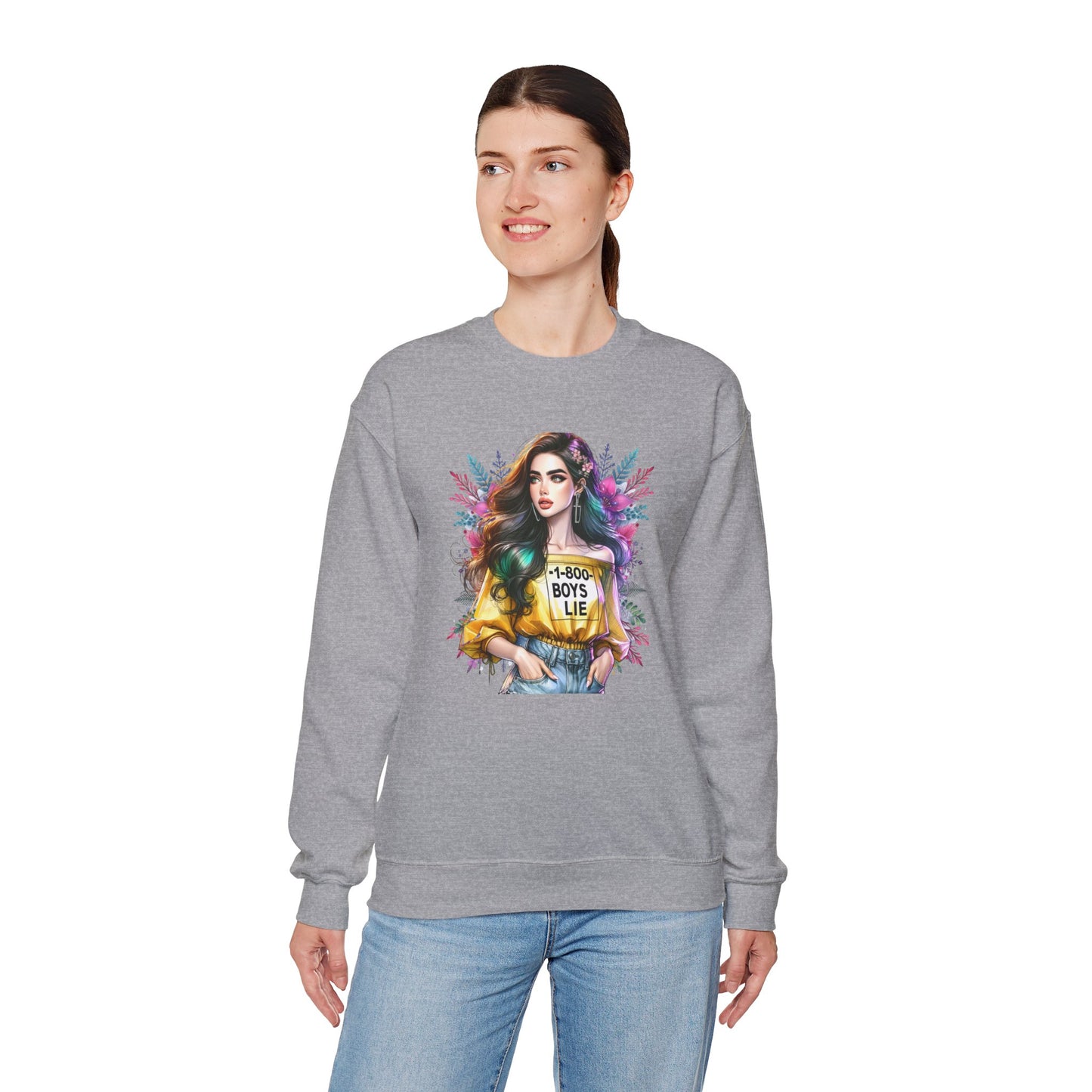 1-800-Boys-Lie Colorful Graphic Crewneck Sweatshirt - 'Boys Lie' Design, Unisex Sweatshirt, Trendy Gift, Casual Wear, Comfortable Outfit