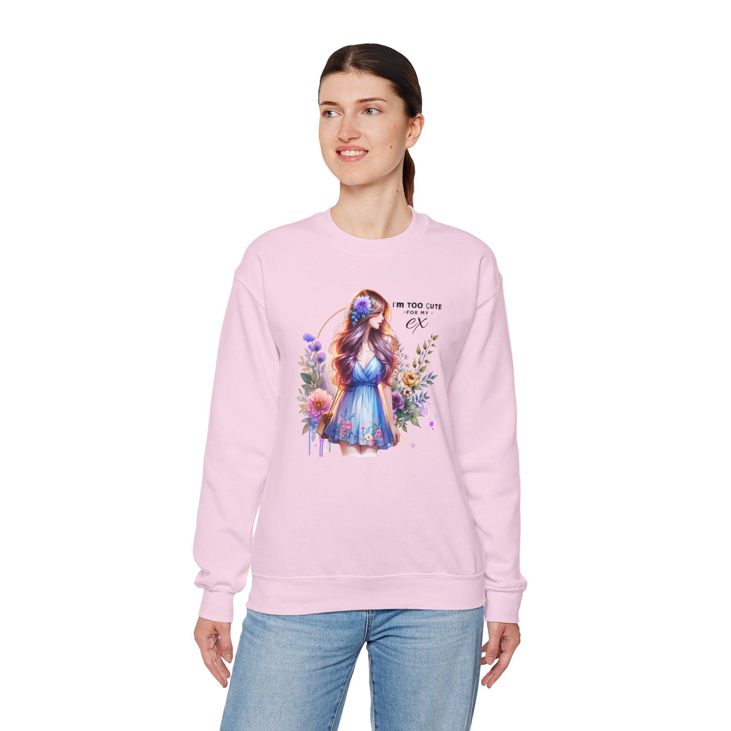 I'm Too Cute For My Ex Floral Illustration Sweatshirt, Cozy Unisex Crewneck, Perfect for Gifts, Casual Wear, Vibrant Art Pullover, Everyday Comfort