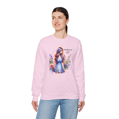 I'm Too Cute For My Ex Floral Illustration Sweatshirt, Cozy Unisex Crewneck, Perfect for Gifts, Casual Wear, Vibrant Art Pullover, Everyday Comfort