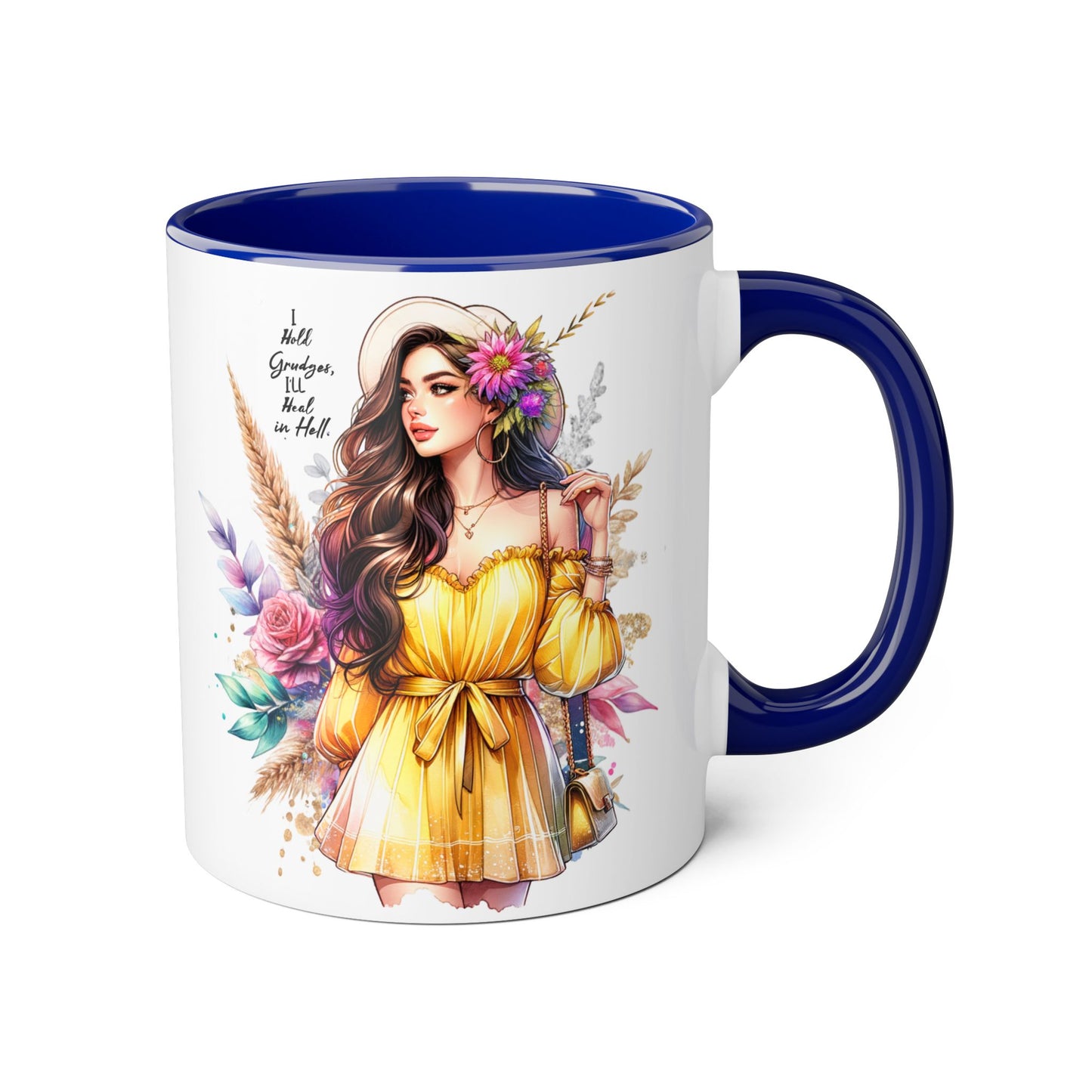 I Hold Grudges, I'll Heal in Hell  Humoristic Bohemian Accent Mug, Colorful Floral Art, Gift for Her, Coffee Lover's Dream, Inspirational Quote
