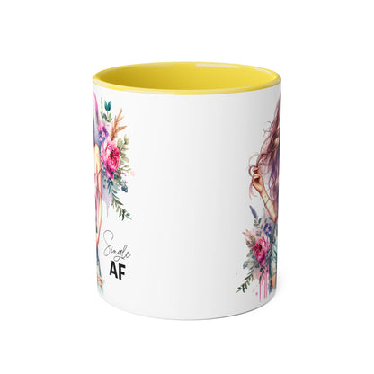 Single AF Floral Accent Mug, 11oz Coffee Cup, Gift for Singles, Cute Tea Mug, Kitchen Decor, Self-Love