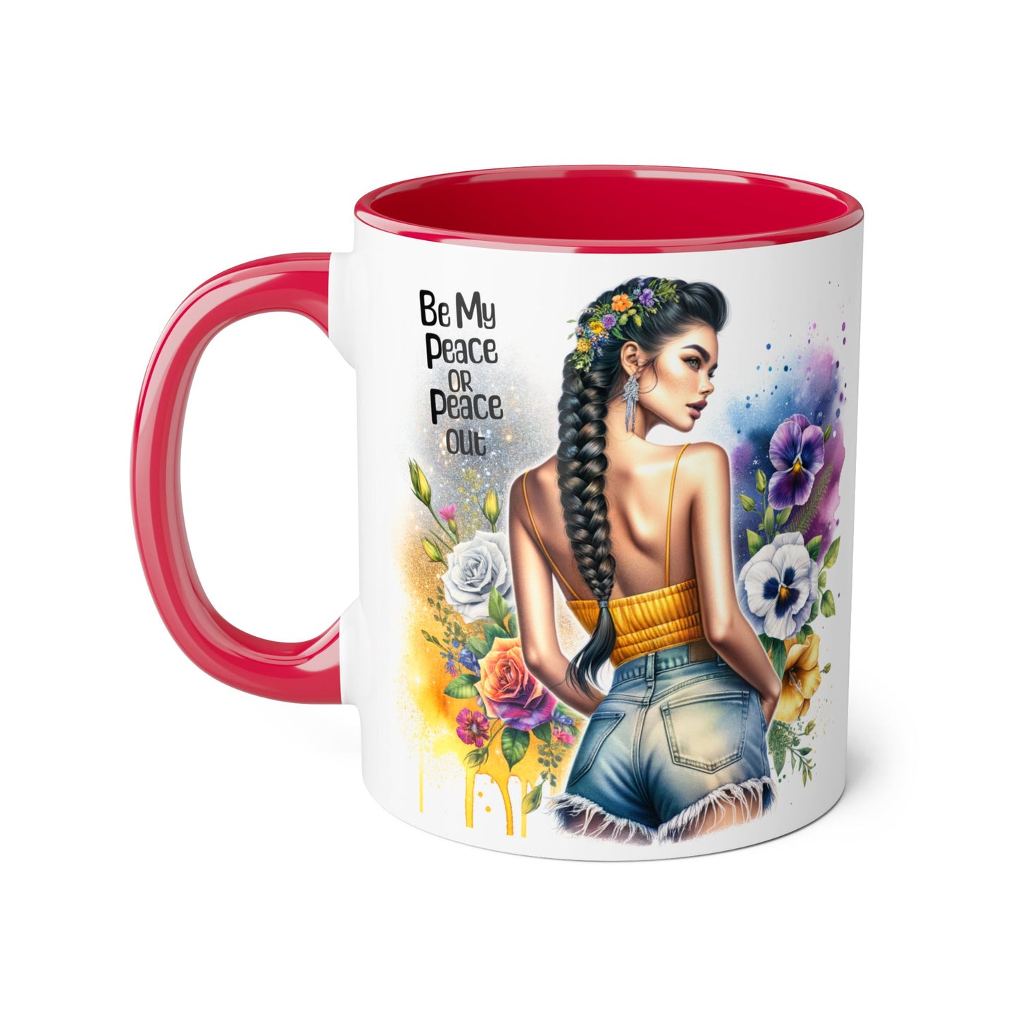 Artistic Black Handle Mug with Inspirational Message, Be My Peace or Peace Out, Unique Gift for Coffee Lovers, Colorful Floral Design, [...]