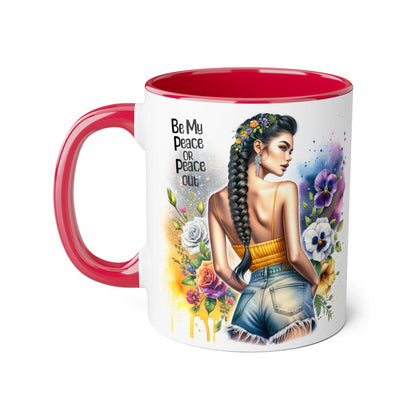 Artistic Black Handle Mug with Inspirational Message, Be My Peace or Peace Out, Unique Gift for Coffee Lovers, Colorful Floral Design, [...]
