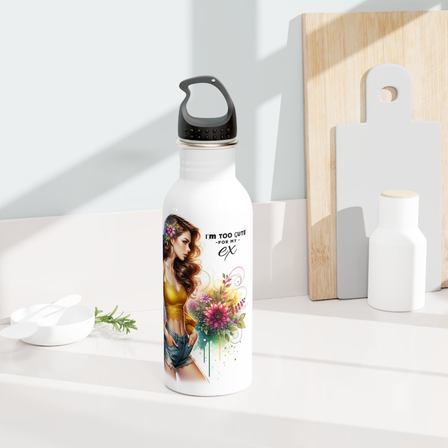 I'm Too Cute For My Ex Stylish Water Bottle with Floral Design, Inspirational Gift, Perfect for Fitness, Travel, Eco-Friendly, Motivational
