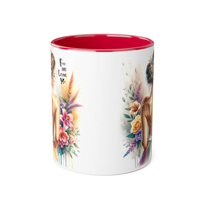 Free and Loving Me Empowering Quote Accent Mug, Inspirational Coffee Mug, Floral Design Mug, Unique Gift for Women, Motivational Drinkware