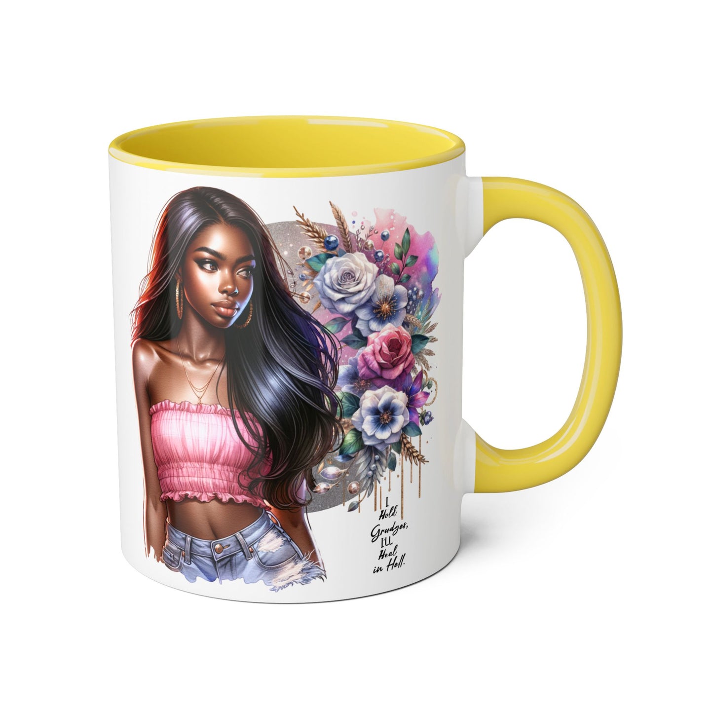 I Hold Grudges, I'll Heal in Hell  Humoristic Bohemian Floral Accent Mug, Stylish Coffee Cup, Ideal for Gifting, Home Decor, Motivational Quote Mug, Perfect for Every Occasion