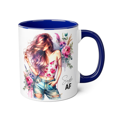 Single AF Floral Accent Mug, 11oz Coffee Cup, Gift for Singles, Cute Tea Mug, Kitchen Decor, Self-Love