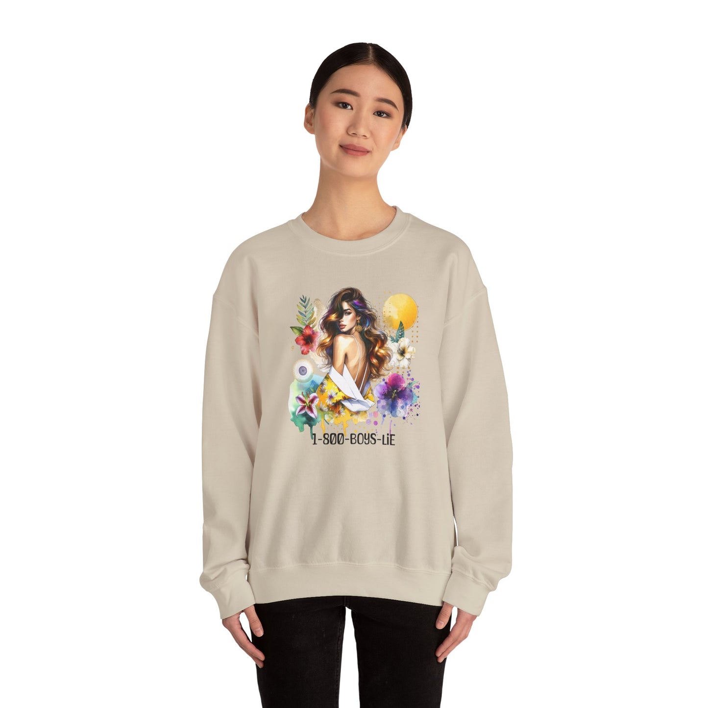 1-800-Boys-Lie Bohemian Floral Crewneck Sweatshirt, Trendy Oversized Sweater, Unique Gift for Her, Cozy Fall Apparel, Birthday & Casual Wear