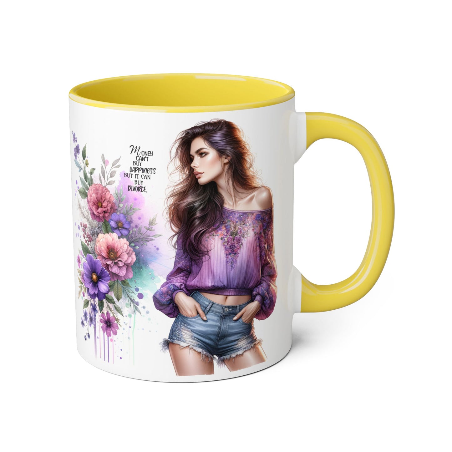 Money Can't Buy Happiness But It Can Buy Divorce Humoristic Stylish Floral Accent Mug, Coffee Cup, Gift for Her, Home Decor, Inspirational Quote, Unique Design