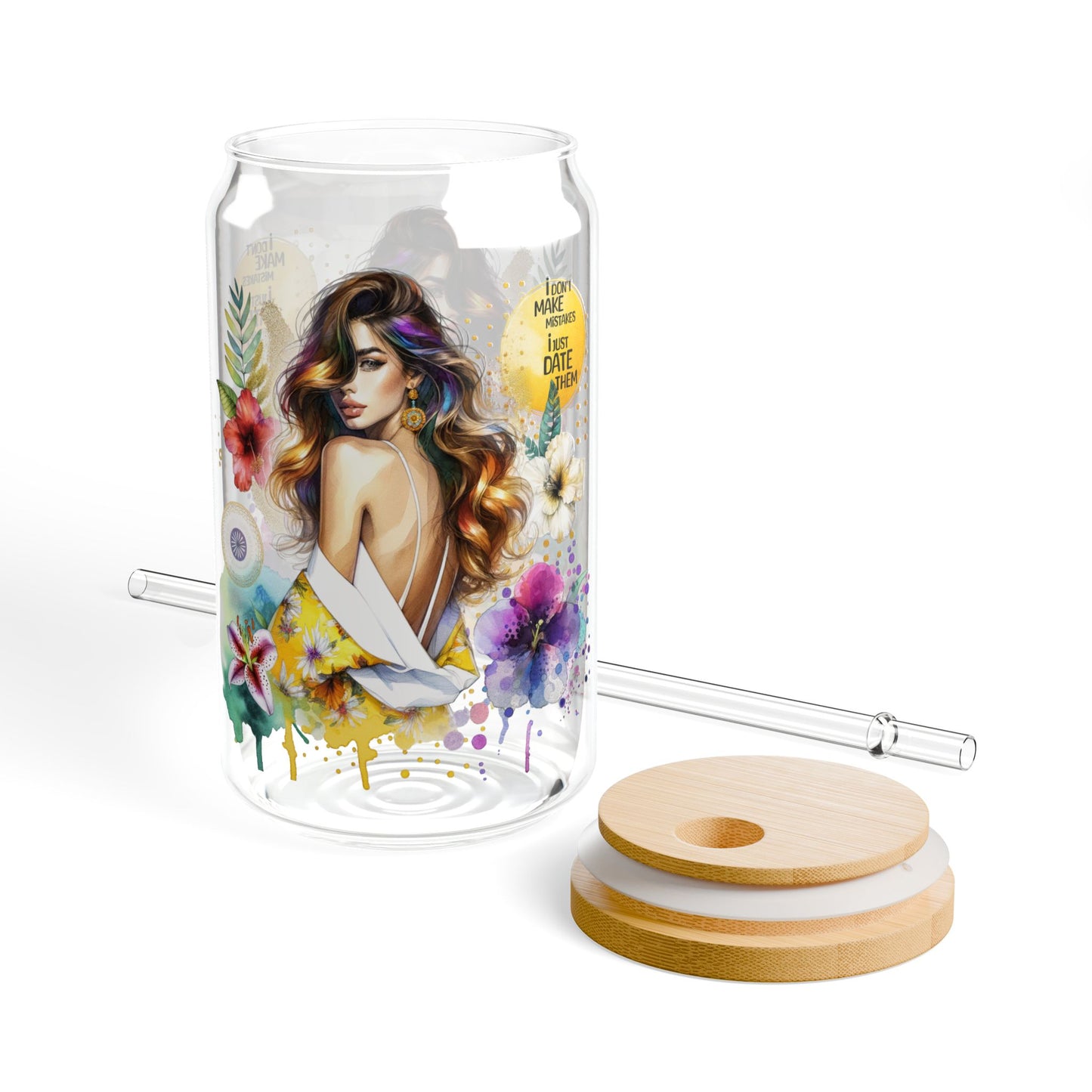 I Don't Make Mistakes, I Date Them Floral Art Sipper Glass, 16oz - Vibrant Drinkware for Garden Parties, Birthdays, Weddings, Eco-Friendly Gifts, Home Decor