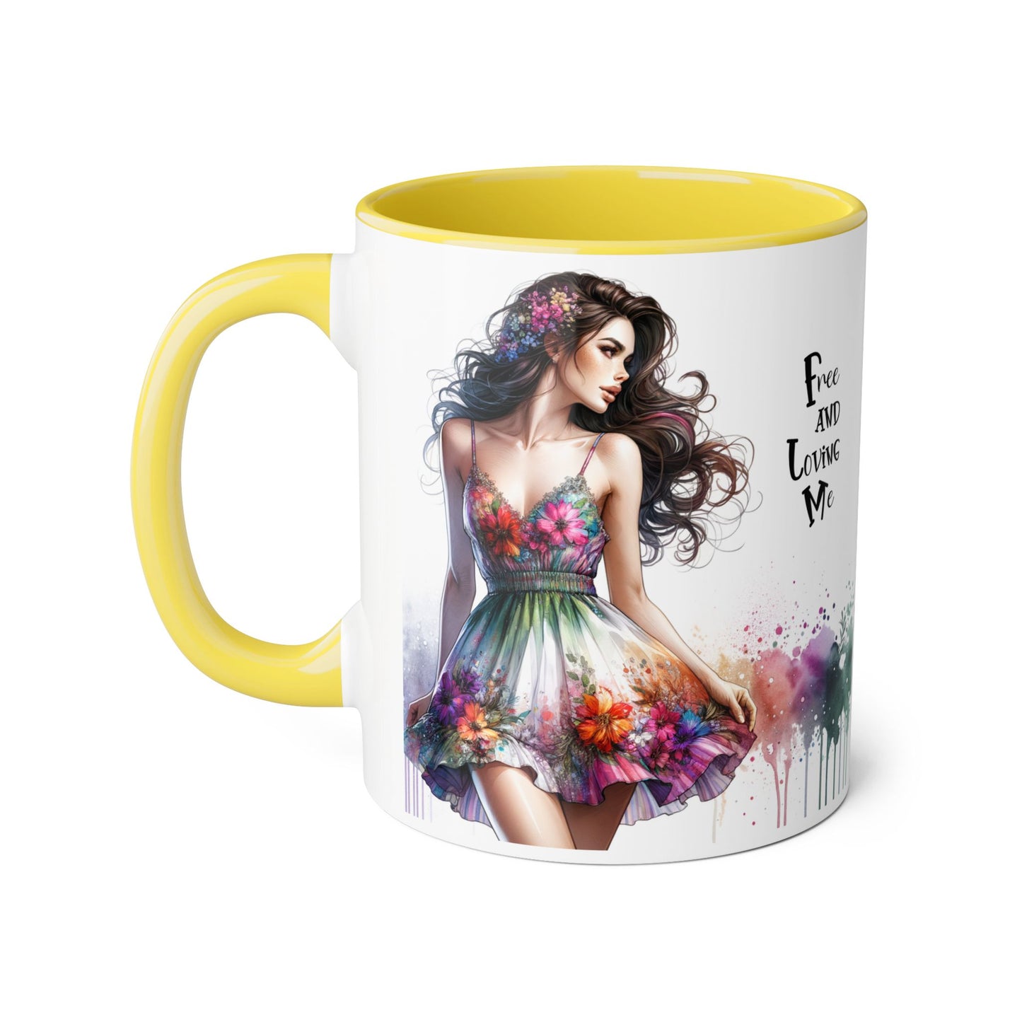 Floral Art Inspirational Coffee Mug, Free and Loving Me, Gift for Her, Colorful Drinkware, Boho Mug, Artistic Tea Cup