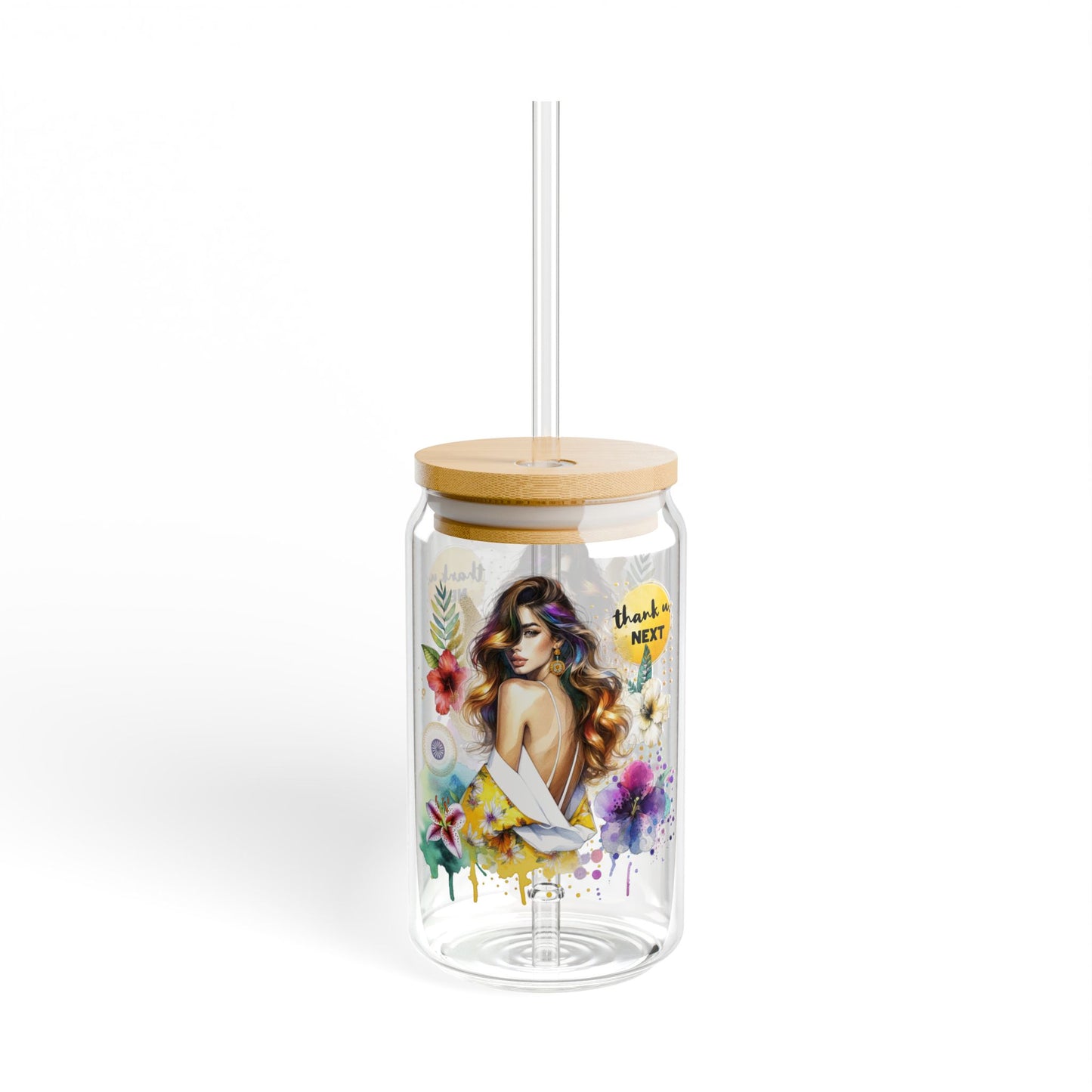 Thank U, Next Chic Sipper Glass | 16oz Floral Art Drinkware, Stylish Water Bottle, Eco-Friendly Straw Cup, Gift for Her, Tropical Vibes