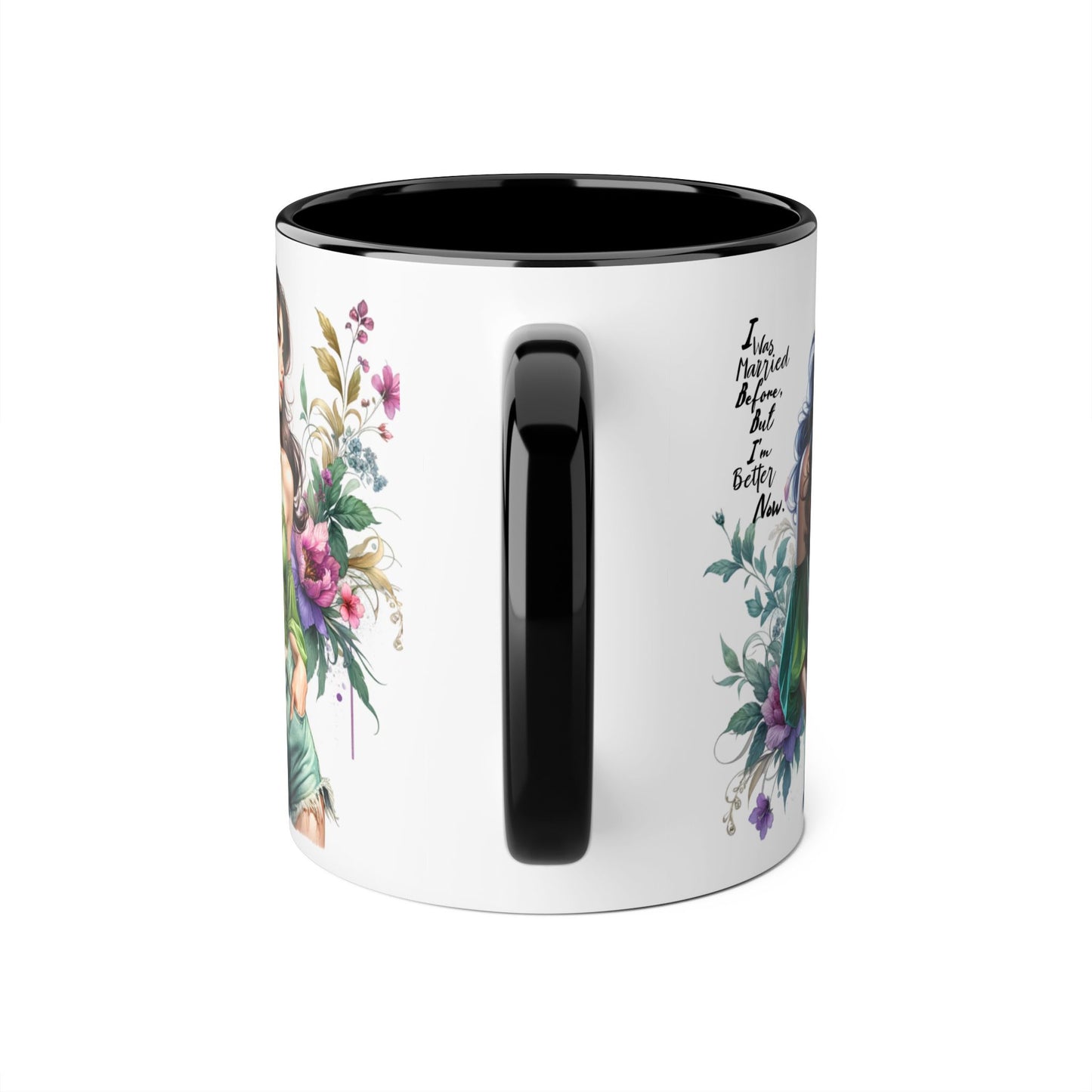 I Was Married Before But I'm Better Now Humoristic Floral Goddess Accent Mug, Inspirational Coffee Cup, Gift for Her, Boho Chic Drinkware, Unique Art Mugs, Home Decor