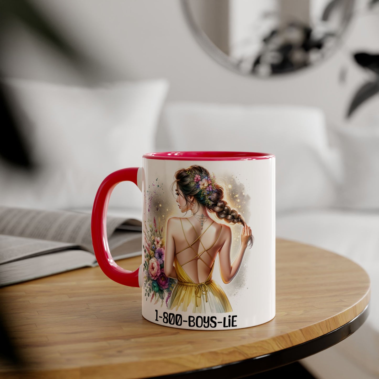1-800-BOYS-LIE Chic Floral Accent Mug, Artistic Coffee Cup, Gift for Her, Inspirational Tea Mug, Floral Design Drinkware, Home Decor