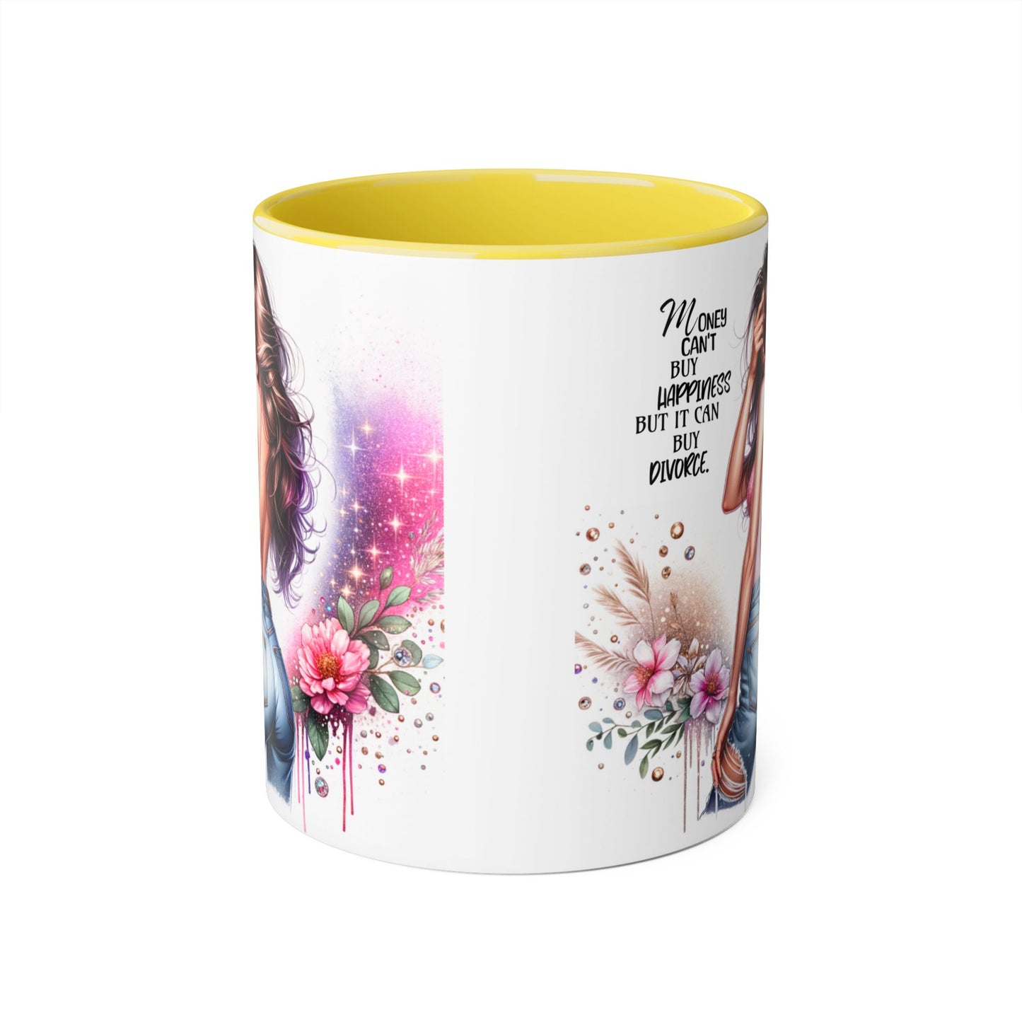 Money Can't Buy Happiness But It Can Buy Divorce Humoristic Stylish Woman's Accent Mug, Empowering Gift for Friends, Inspirational Coffee Cup, Perfect for Birthdays, Relaxing Moments