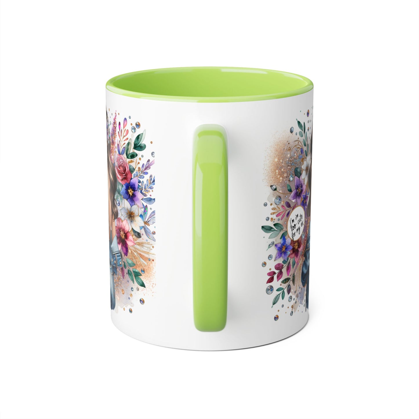 I'm Too Cute For My Ex Floral Accent Mug with Boho Design, Coffee Lover Gift, Tea Cup, Artful Beverage Holder, Personalized Drinkware