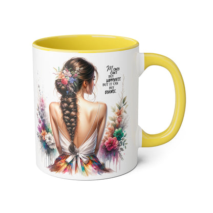 Money Can't Buy Happiness But It Can Buy Divorce Humoristic Inspirational Accent Mug, 11oz Coffee Cup for Women, Gift for Her, Floral Design, Motivational Quote Mug, Birthday Gift