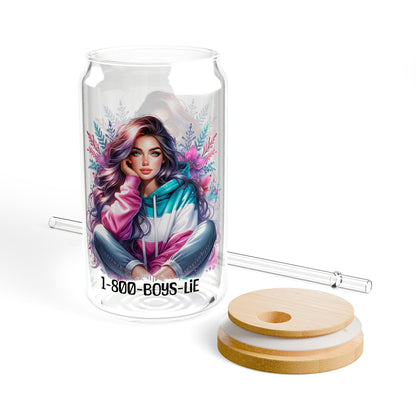 1-800-Boys-Lie Stylish Sipper Glass with Straw, Aesthetic Drinkware for Home, Party, Gifts, Summer Refreshments, Eco-friendly Beverage Container