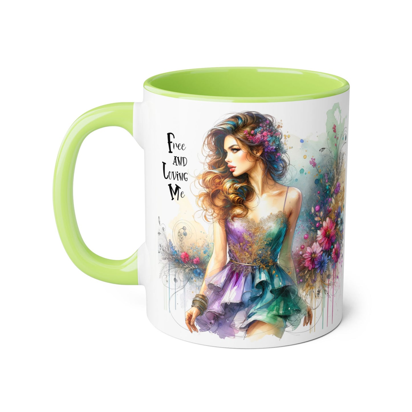 Artistic Floral Accent Mug - "Free and Loving Me" - Inspirational Coffee Cup, Gift for Her, Unique Home Decor, Special Occasion
