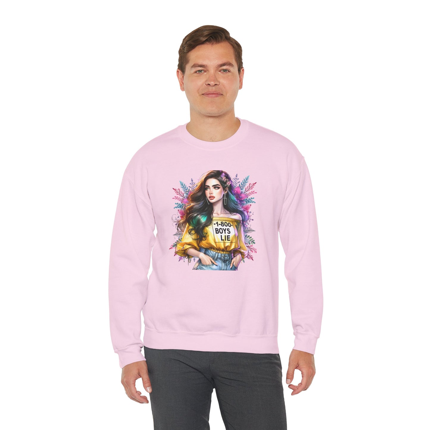 1-800-Boys-Lie Colorful Graphic Crewneck Sweatshirt - 'Boys Lie' Design, Unisex Sweatshirt, Trendy Gift, Casual Wear, Comfortable Outfit
