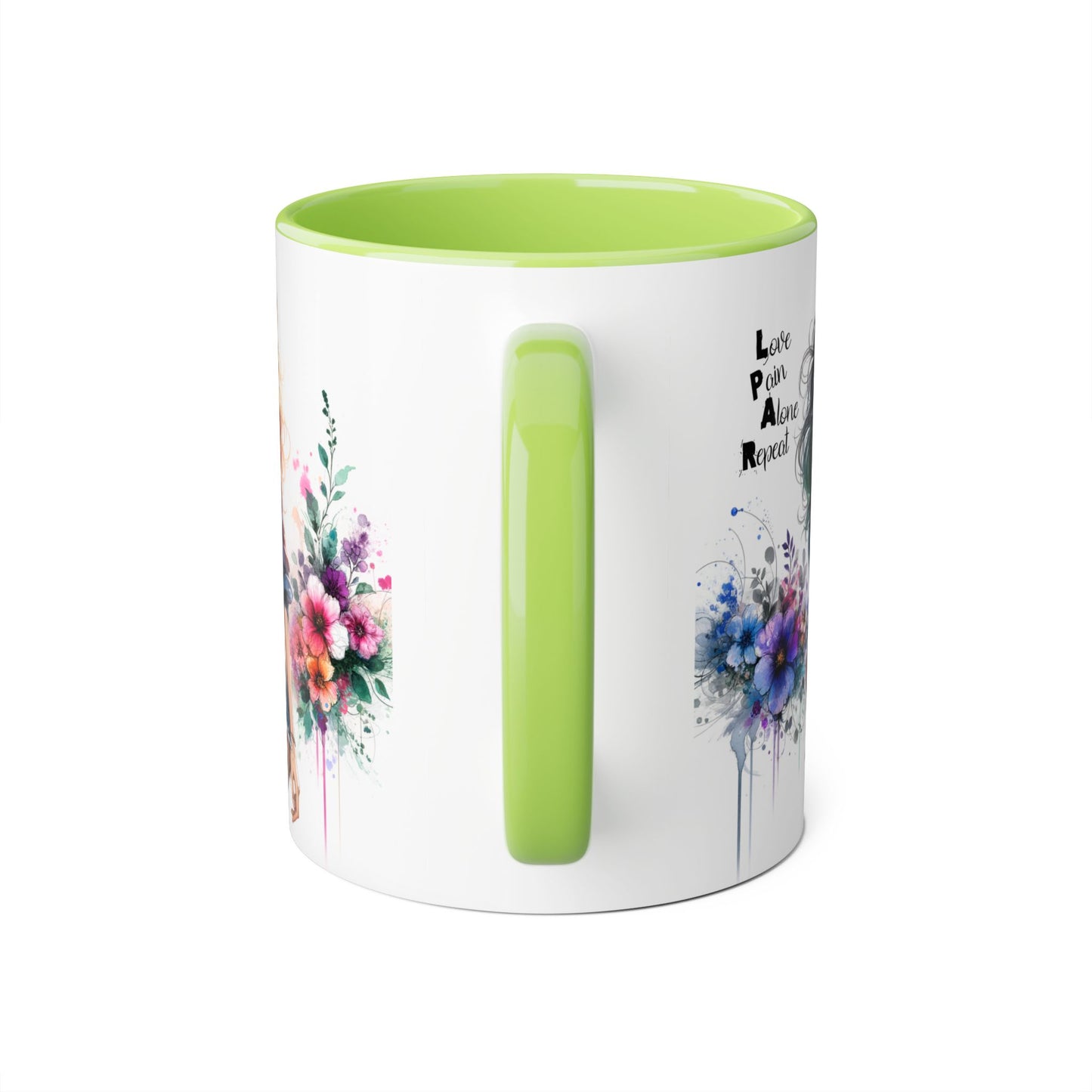 Stylish Accent Mug, Love Pain Alone Repeat Mug, Floral Design Coffee Cup, Gift for Her, Motivational Drinkware