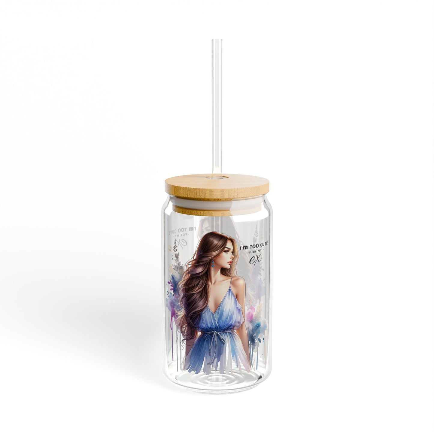 I'm Too Cute For My Ex Stylish Sipper Glass, 16oz - Perfect for Summer Drinks, Eco-Friendly Glass, Gift for Her, Floral Print, Water Bottle, Travel Mug