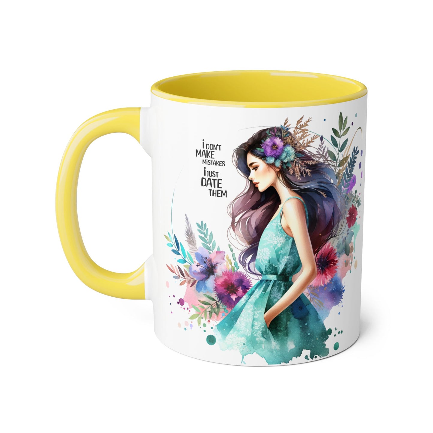 I Don't Make Mistakes, I Date Them Watercolor Floral Accent Mugs, Inspirational Coffee Cup for Nature Lovers, Gift for Her, Self-Care, Boho Style