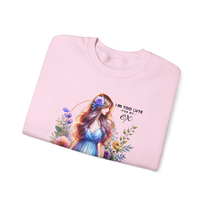 I'm Too Cute For My Ex Floral Illustration Sweatshirt, Cozy Unisex Crewneck, Perfect for Gifts, Casual Wear, Vibrant Art Pullover, Everyday Comfort