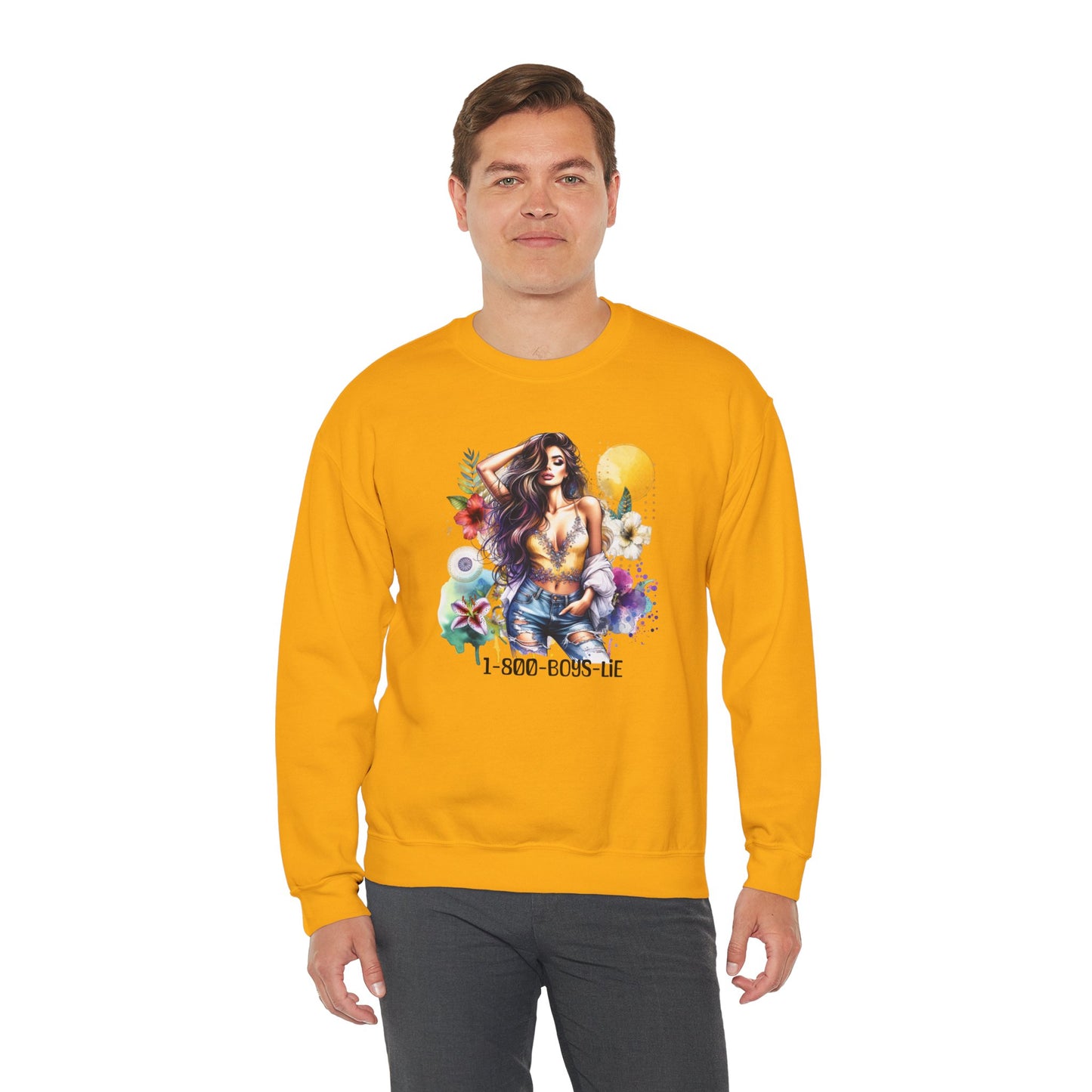 1-800-Boys-Lie Boho Chic Crewneck Sweatshirt with Floral Design, Unisex Gift, Self-Love Apparel, Cozy Casual Wear, Perfect for Relaxation